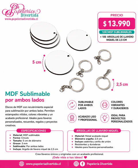 100 llaveros 5cm MDF 3mm sublimable ambos lados + argollas con cadena