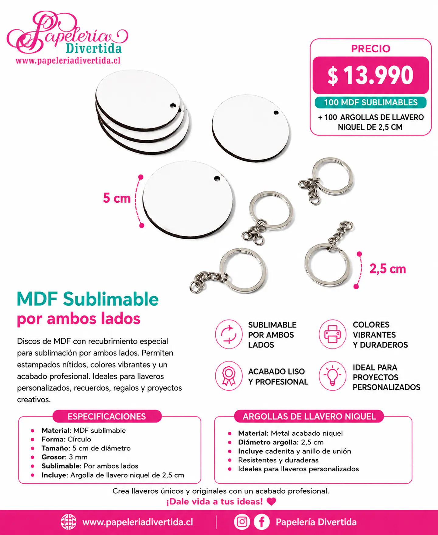 100 llaveros 5cm MDF 3mm sublimable ambos lados + argollas con cadena 1