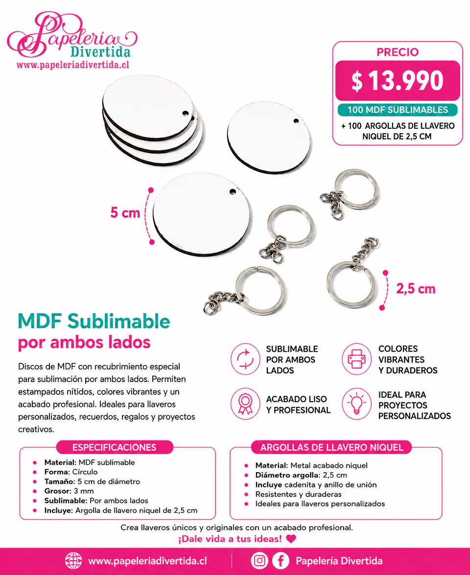 100 llaveros 5cm MDF 3mm sublimable ambos lados + argollas con cadena 1