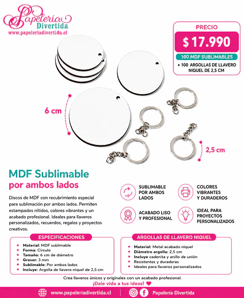100 llaveros 6cm MDF 3mm sublimable ambos lados + argollas con cadena