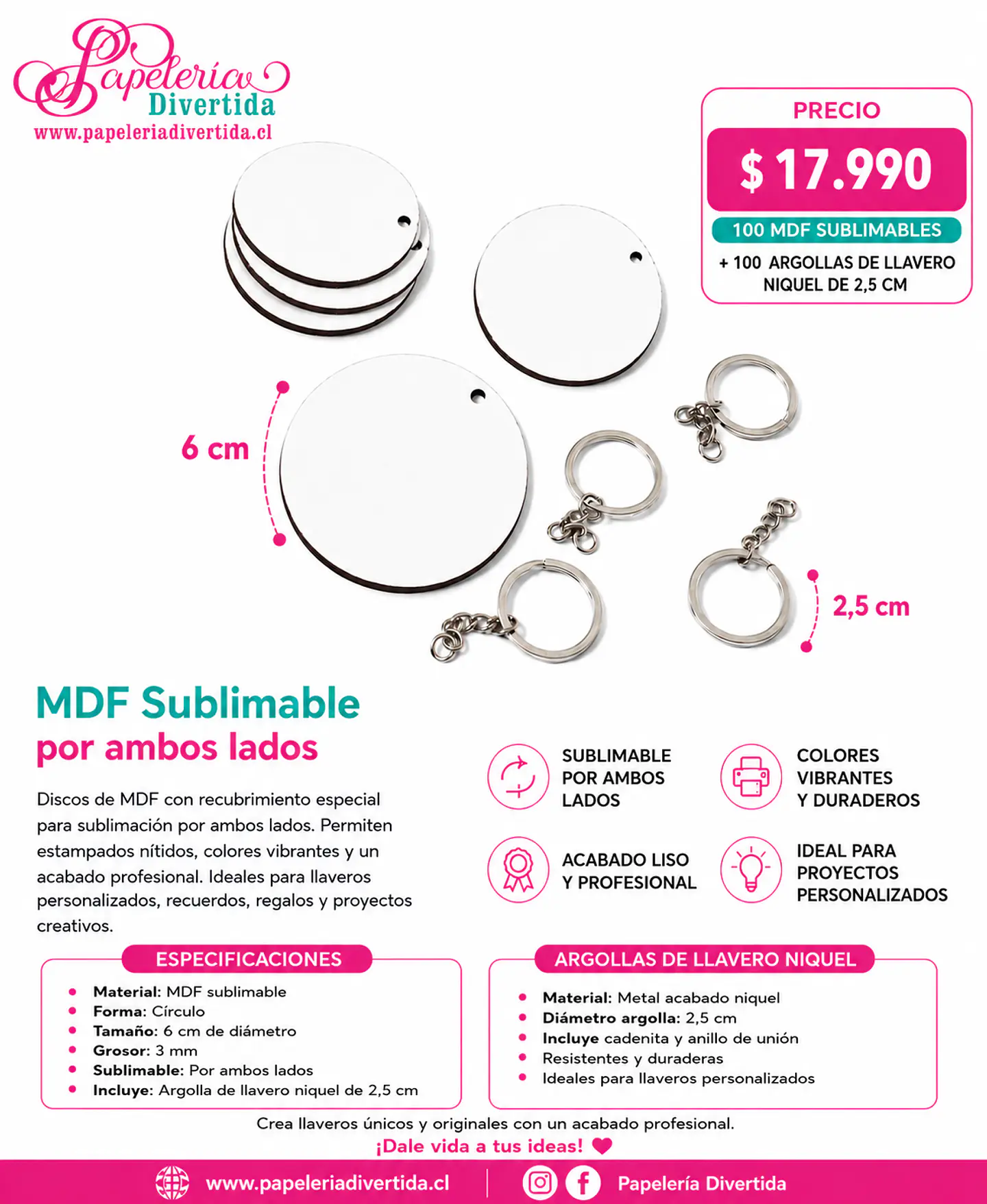 100 llaveros 6cm MDF 3mm sublimable ambos lados + argollas con cadena 1