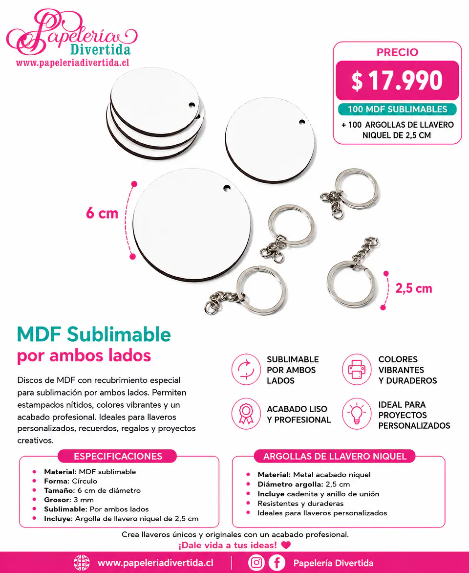 100 llaveros 6cm MDF 3mm sublimable ambos lados + argollas con cadena 1