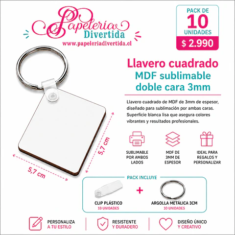 100 llaveros cuadrados MDF sublimable