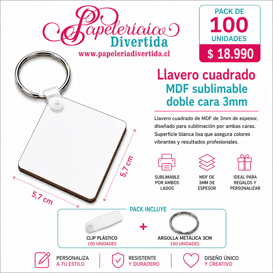 100 llaveros cuadrados MDF sublimable 3