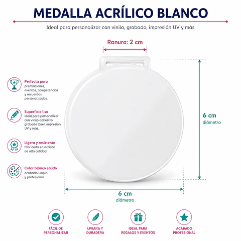 Medallas Acrilico Blanco Solido 3mm sublimable ambas caras
