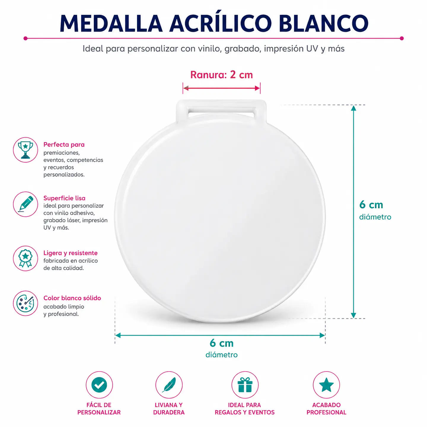 Medallas Acrilico Blanco Solido 3mm sublimable ambas caras 1