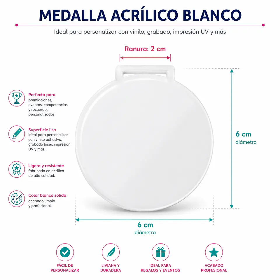 Medallas Acrilico Blanco Solido 3mm sublimable ambas caras 1