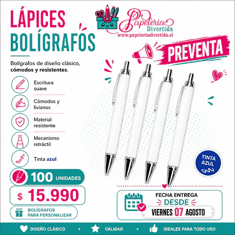 Boligrafos Lapices para Personalizar Tinta color azul o Negra