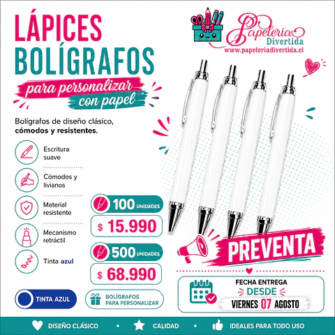 Boligrafos Lapices para Personalizar Tinta color azul o Negra