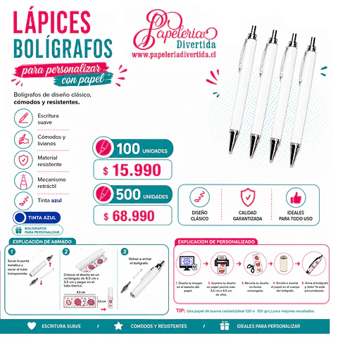 Boligrafos Lapices para Personalizar Tinta color Azul