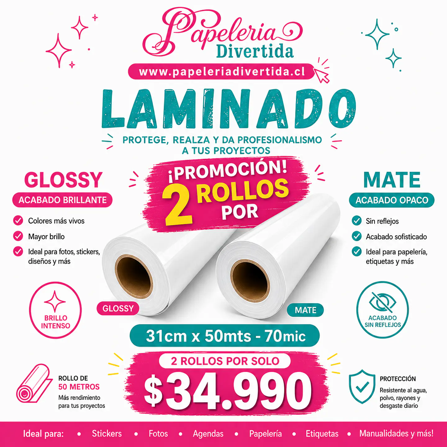 Pack 2 Laminados Glossy/mate Rollo 31cm x 50mts 1