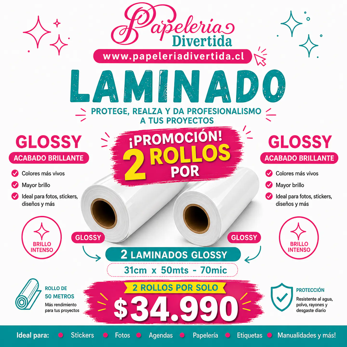Pack 2 Laminados Glossy 31cm x 50mts de 70mic 1