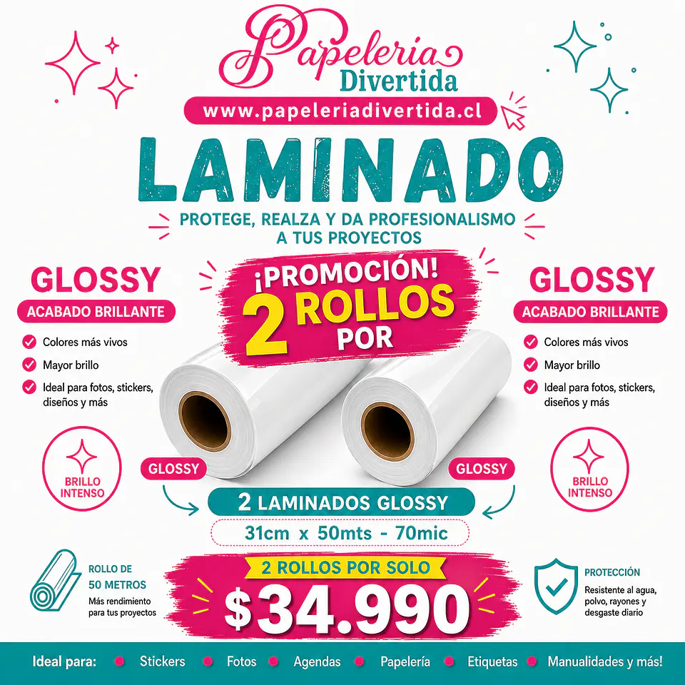Pack 2 Laminados Glossy 31cm x 50mts de 70mic 1