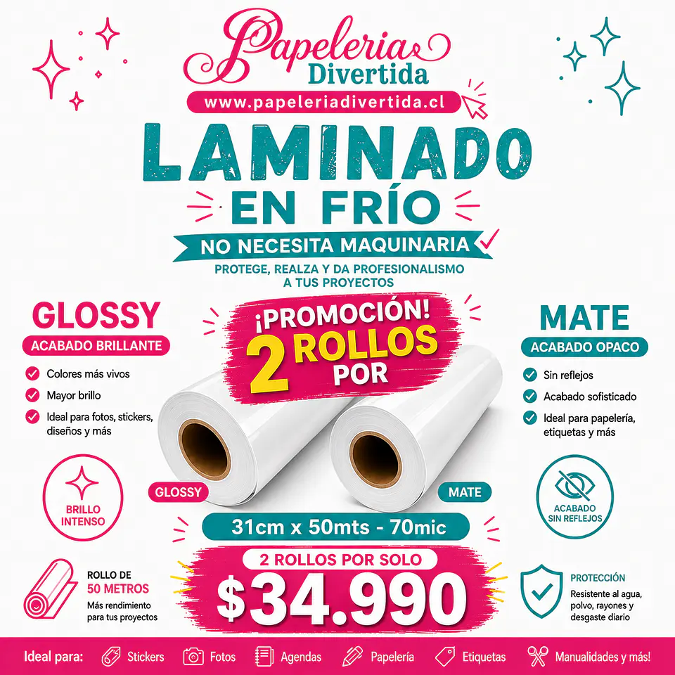 Pack 2 Laminados en Frío Glossy/mate Rollo 31cm x 50mts 1