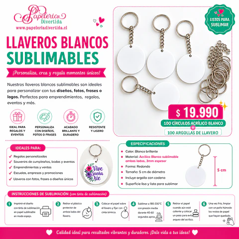 Pack 100 circulos acrilico blanco 5cm + argollas niquel