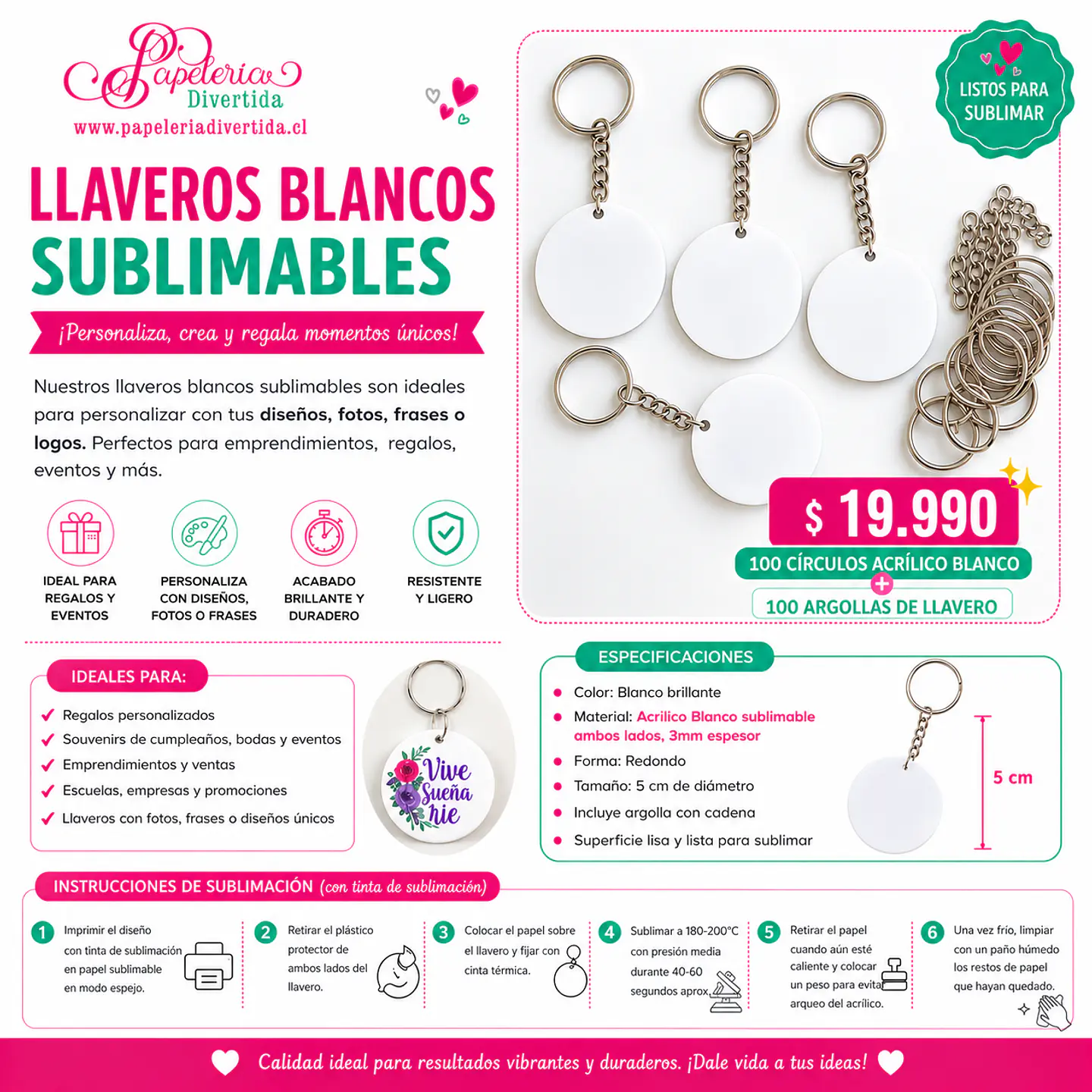 Pack 100 circulos acrilico blanco 5cm + argollas niquel 1