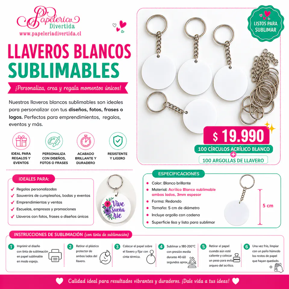 Pack 100 circulos acrilico blanco 5cm + argollas niquel 1