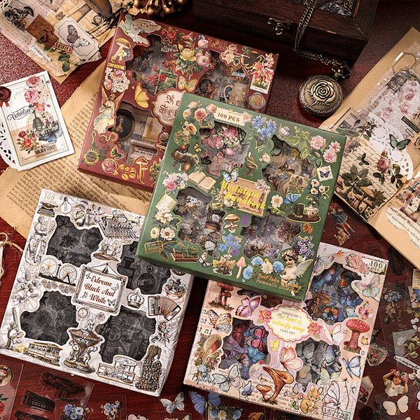 Caja 100 stickers diseños Vintage