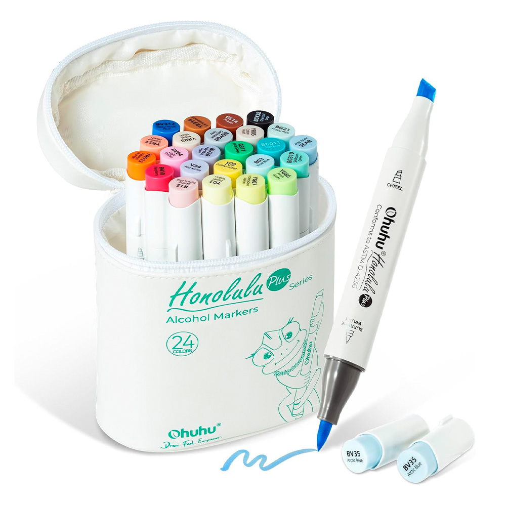 Marcadores a base de Alcohol OHUHU Honolulu Plus Series – Set 24 Colores Punta Supreme + Blender  