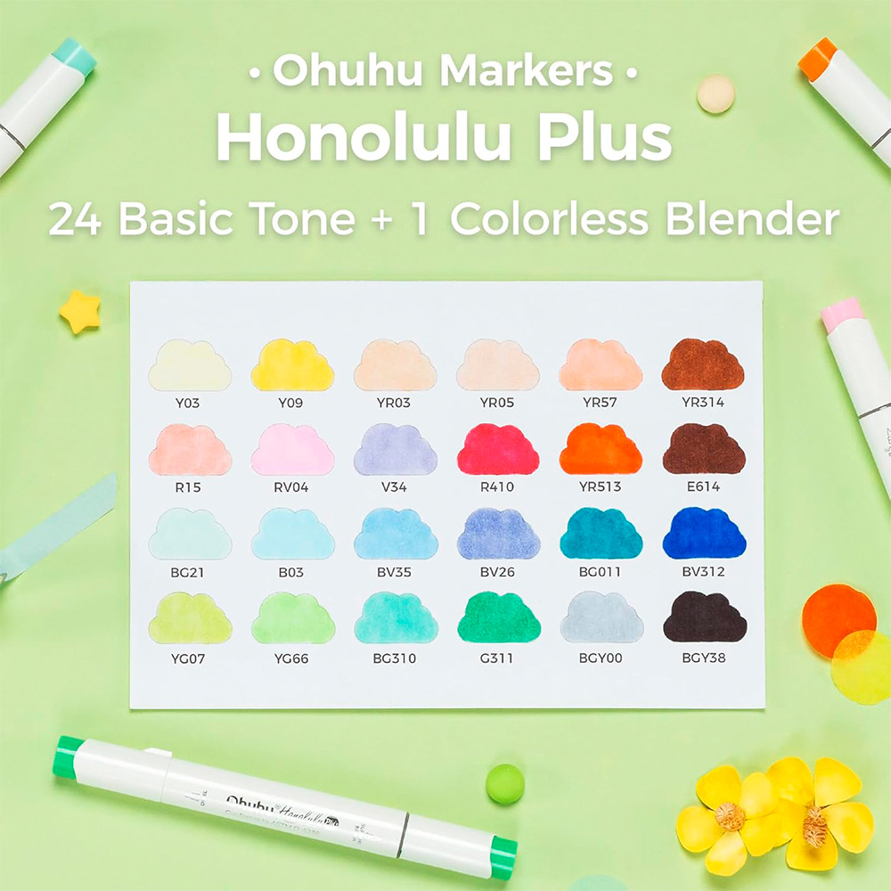 Marcadores a base de Alcohol OHUHU Honolulu Plus Series – Set 24 Colores Punta Supreme + Blender  