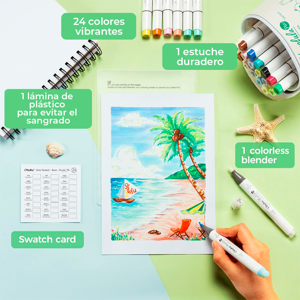 Marcadores a base de Alcohol OHUHU Honolulu Plus Series – Set 24 Colores Punta Supreme + Blender  