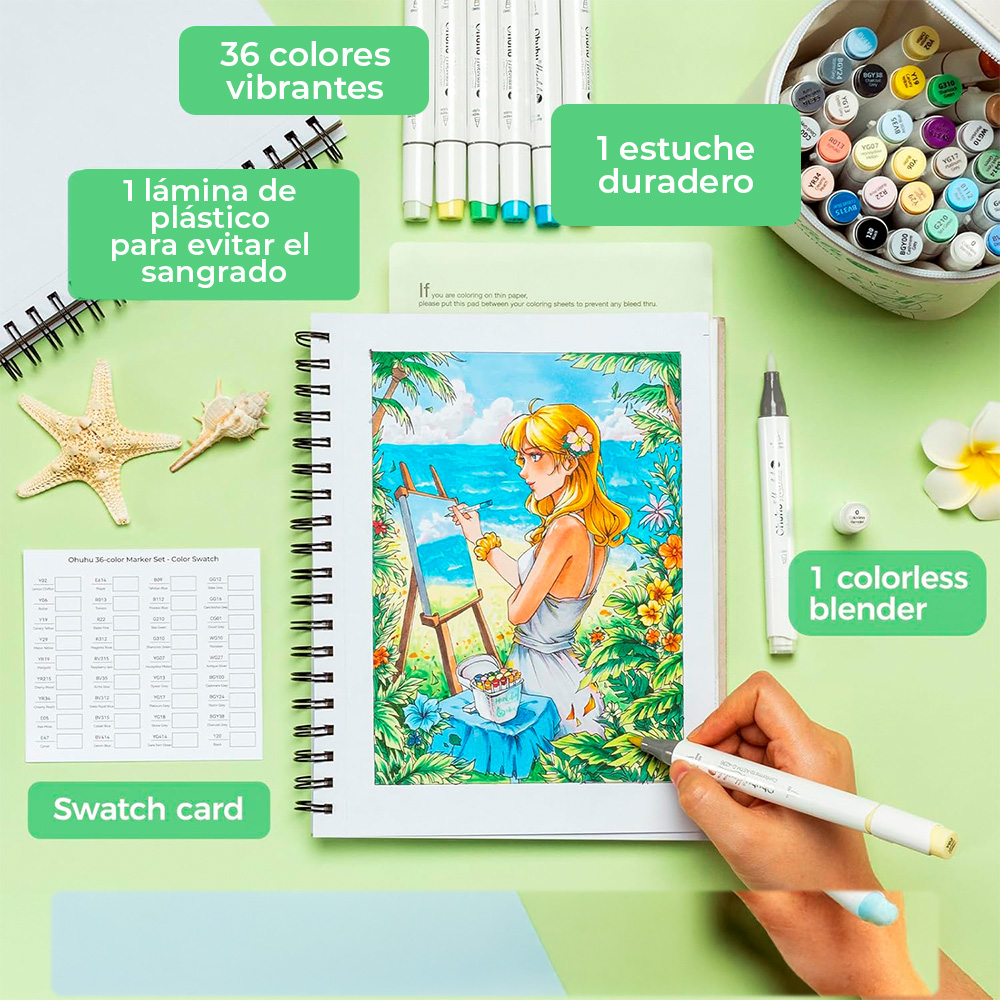 Marcadores a Base de Alcohol OHUHU Honolulu plus Series – Set 36 Colores Punta Supreme + Blender