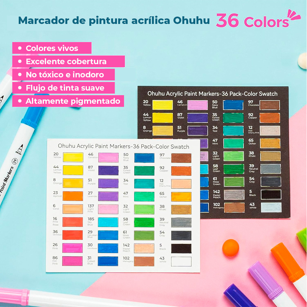 Marcadores Acrílicos OHUHU – Set 36 Colores Doble Punta