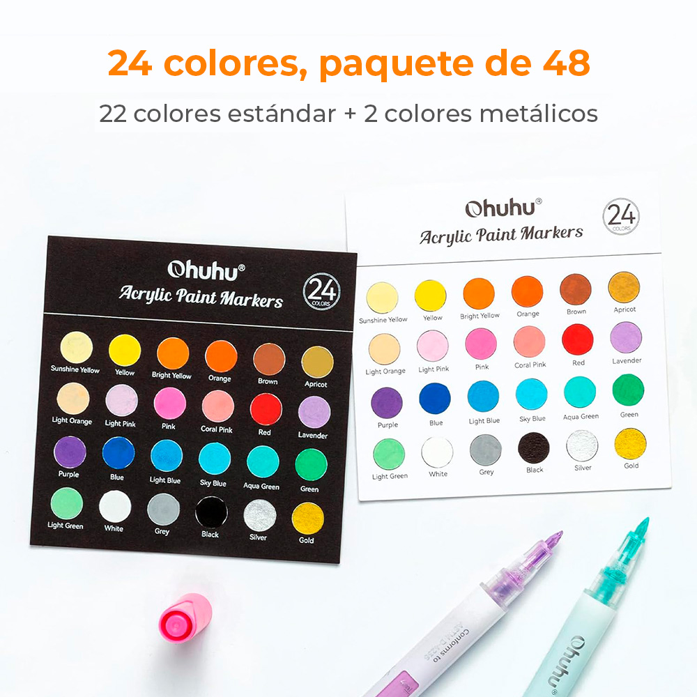 Marcadores Acrílicos OHUHU – Set 48 Marcadores / 24 Colores, Doble Punta