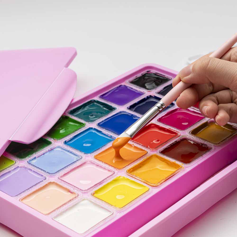 Gouache – Set 24 Colores 30 g + 3 Pinceles – Estuche rosado