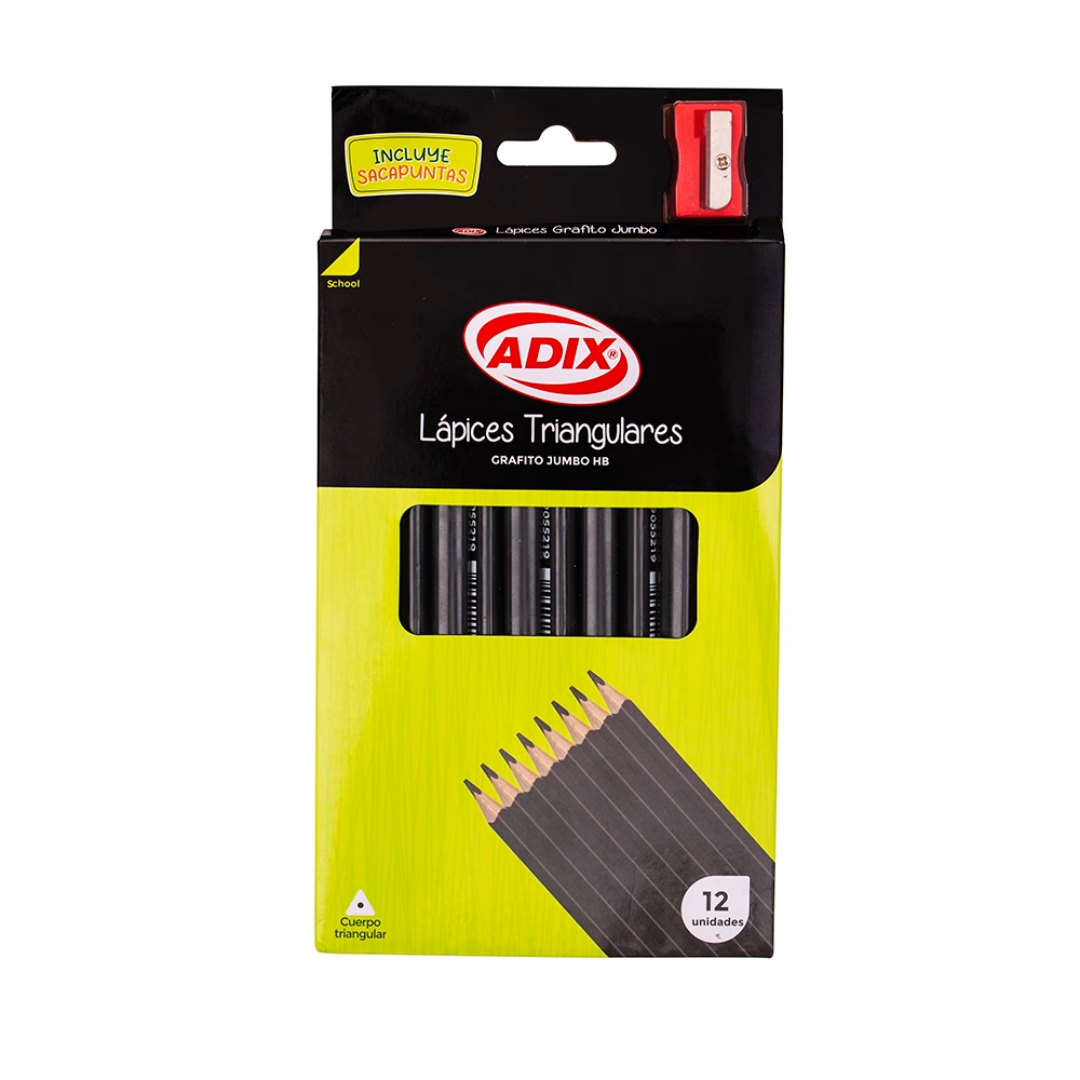 Lápices Grafito Jumbo – Pack 12 Unidades + Sacapuntas – Triangular