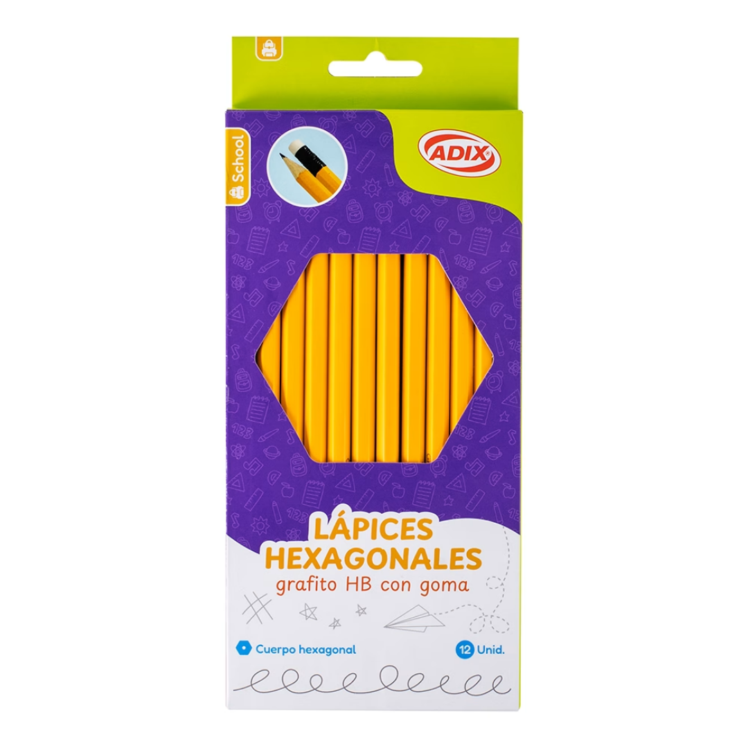 Lápiz Grafito HB con Goma – Pack 12 Unidades – Hexagonal
