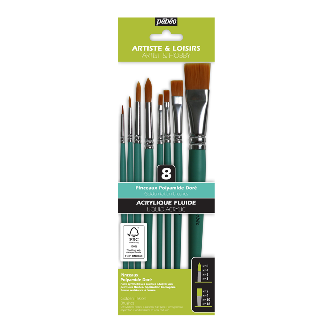 Pinceles Acrílico Fluido – Set 8 Unidades – Redondos y planos