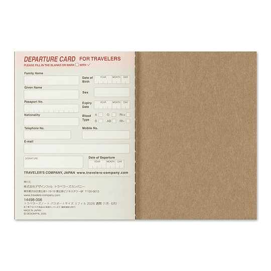 Refill 2026 Weekly Passport Size TRAVELER'S Notebook