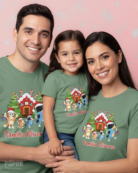Pack Poleras Navidad " Familia bluey Apellido"
