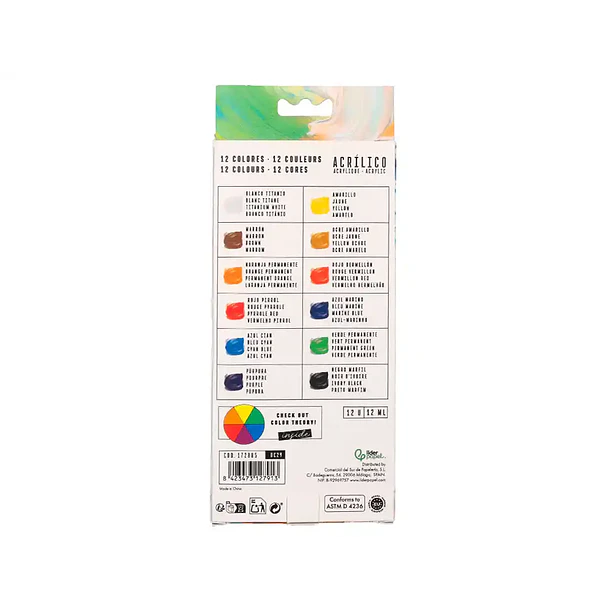 Tinta acrílica cx 12 tubos alumínio 12ml cores sort. 3