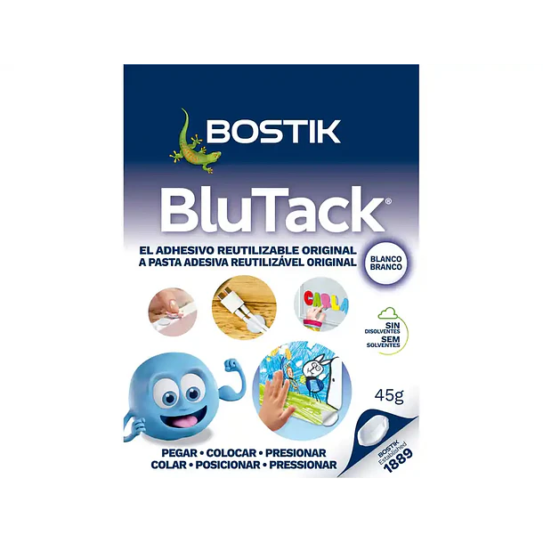 Massa adesiva BOSTICK BLU-TACK branca cortada. 