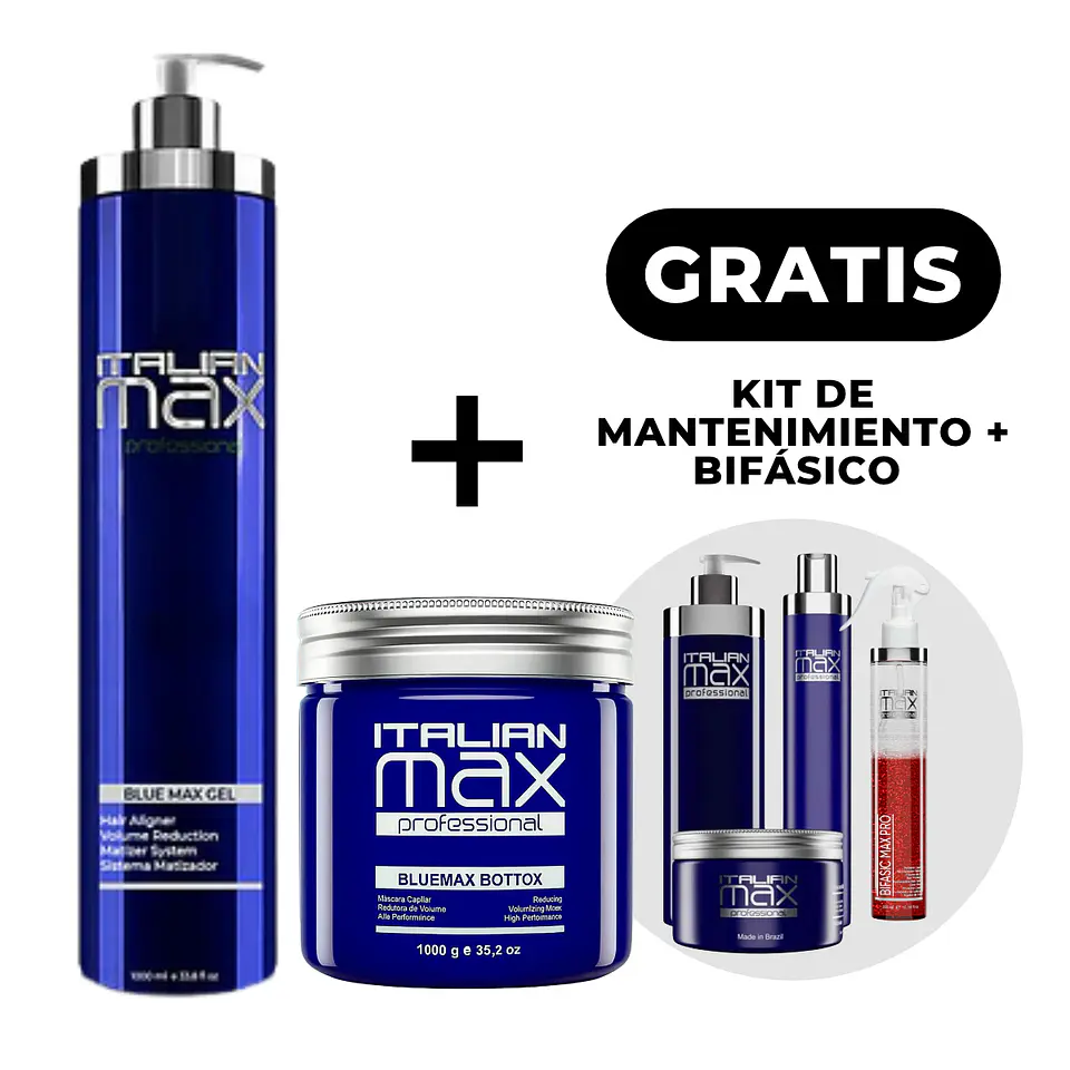 Italian Max Alisado Brasilero en Gel Blue Max 1Lt + Bottox Bluemax 1Kg + Kit de Mantenimiento Blue Max + Bifásico Max Pro  1