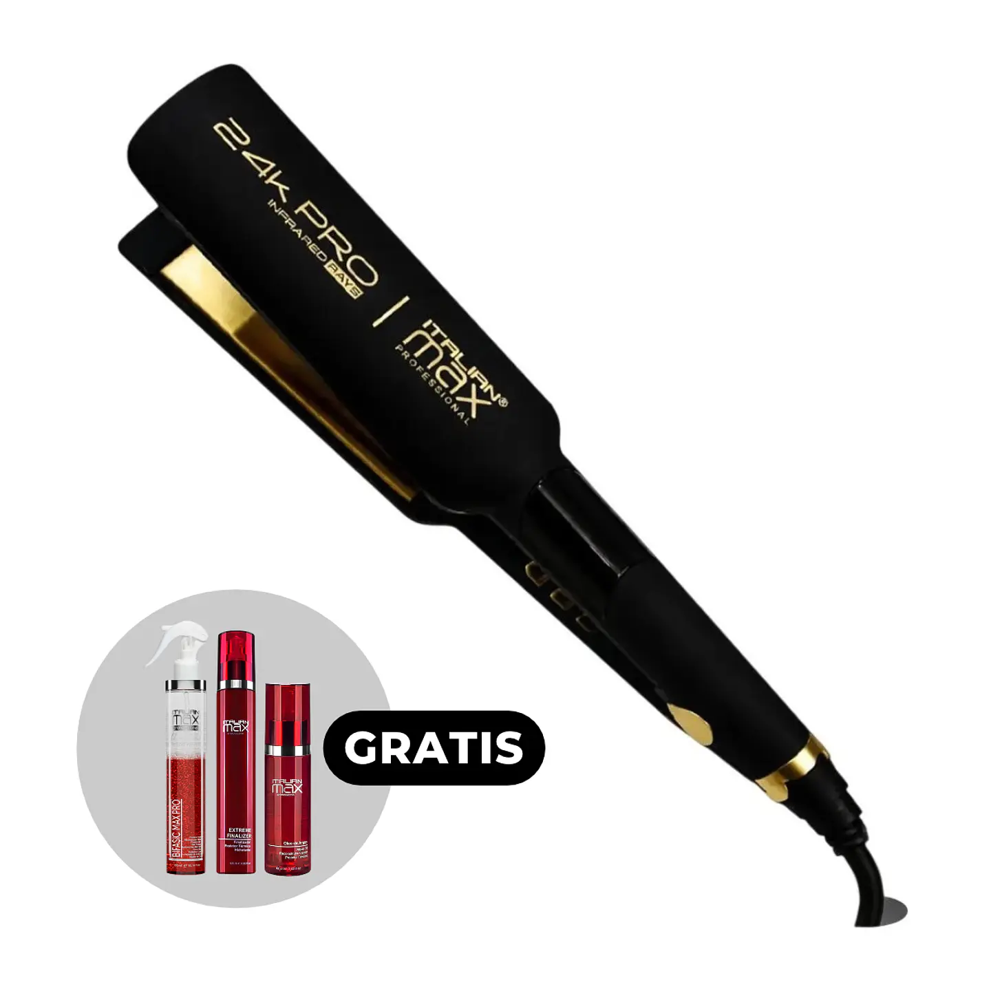 Plancha Profesional Italian Max 24k Pro Infrared Rays + Kit de Regalo Trt. Bifásico Max Pro 300ml + Extreme Finalizer 120ml + Oleo de Argán 60 ml 1