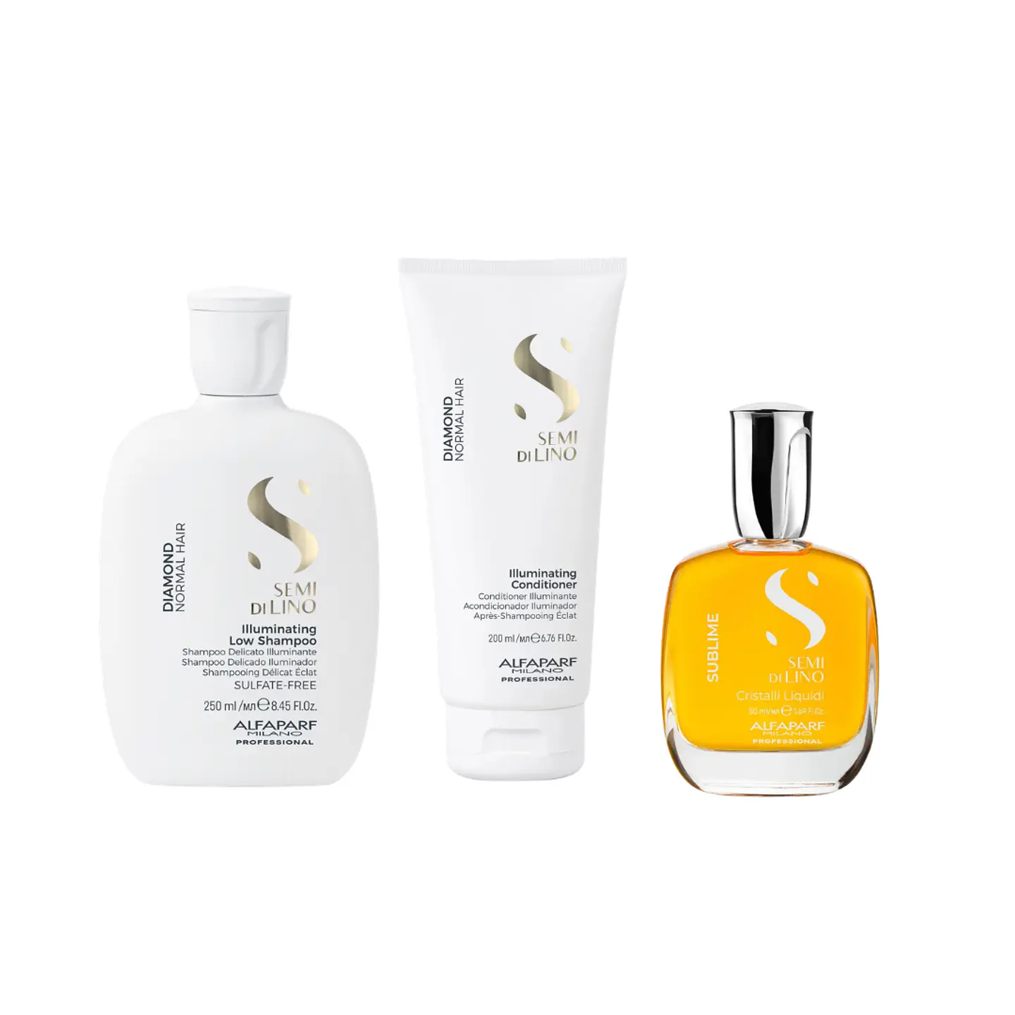 Tripack Alfaparf Semi Di Lino Diamond (Shampoo 250ml + Acondicionador 200ml + Cristalli Liquidi The Original 50ml) 1