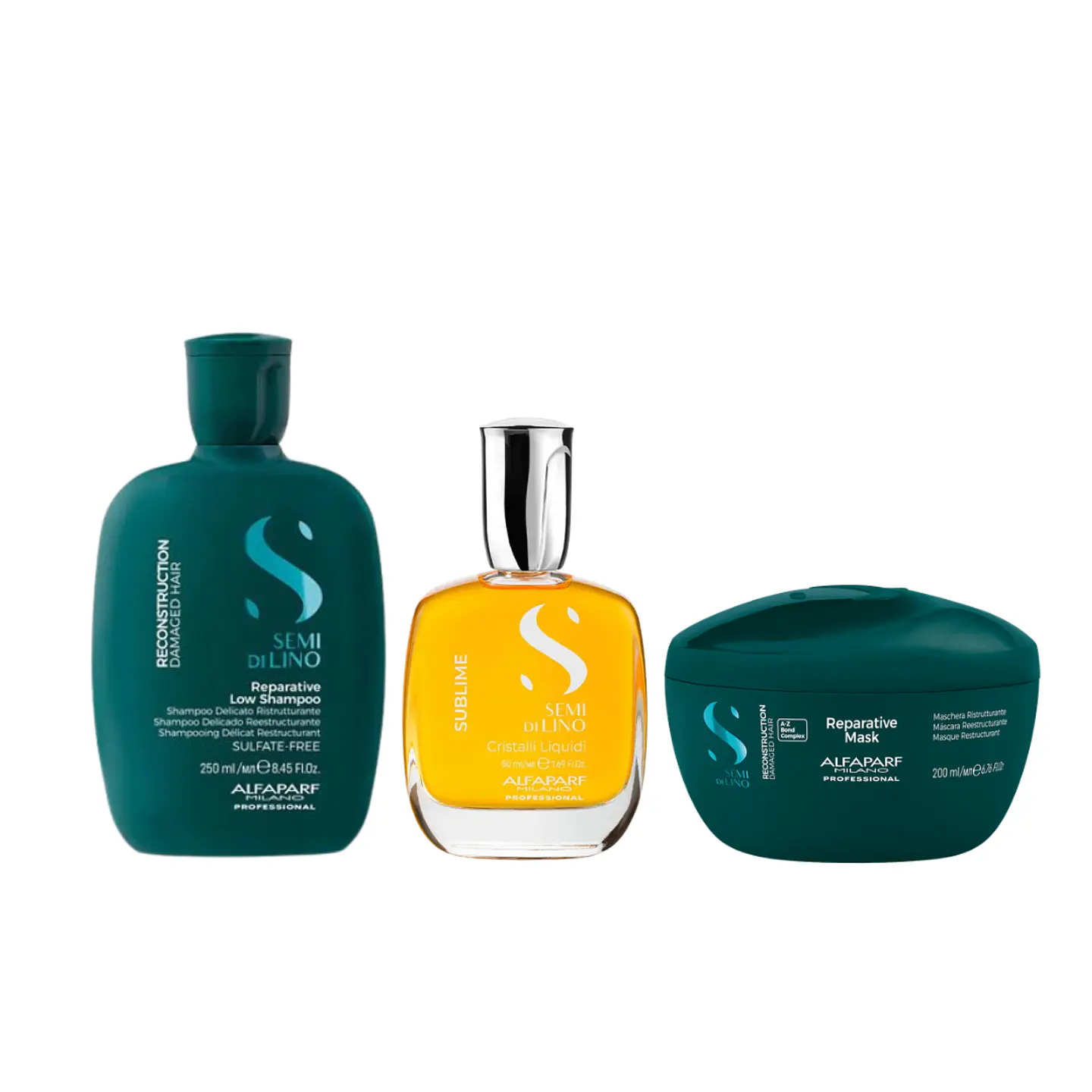Tripack Alfaparf Semi Di Lino Reconstruction (Shampoo Reparative 250ml + Cristalli Liquidi The Original 50ml + Mascarilla Reparative 200ml) 1