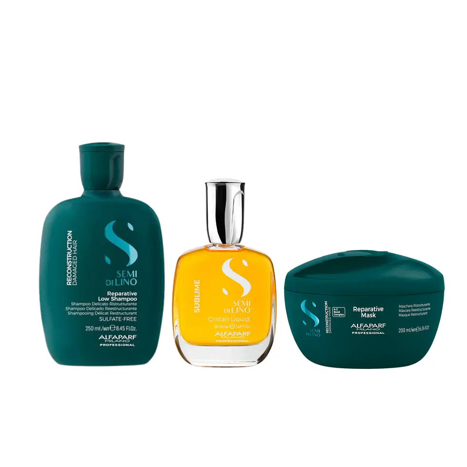 Tripack Alfaparf Semi Di Lino Reconstruction (Shampoo Reparative 250ml + Cristalli Liquidi The Original 50ml + Mascarilla Reparative 200ml) 1