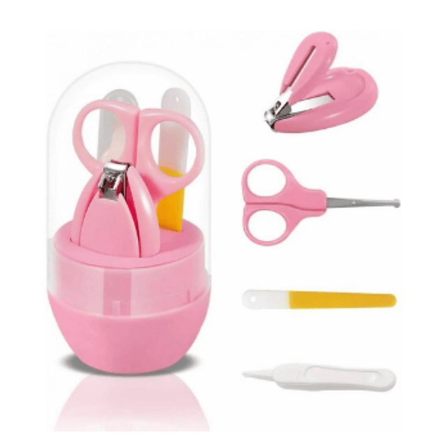 Set Corta Uñas Tijera Lima Pinza + Estuche Protector Rosado