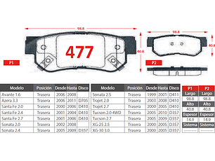 Pastillas de Freno Hyundai Avante 1.6 2006-2008 Trasera