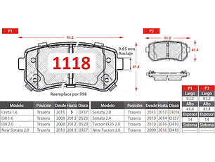 Pastillas de Freno Hyundai New Sonata 2.0 2010-2013 Trasera