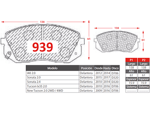 Pastillas de Freno Hyundai Sonata 2.0 2015-2017 Delantera
