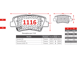 Pastillas de Freno Hyundai Sonata 2.0 2007-2014 Trasera