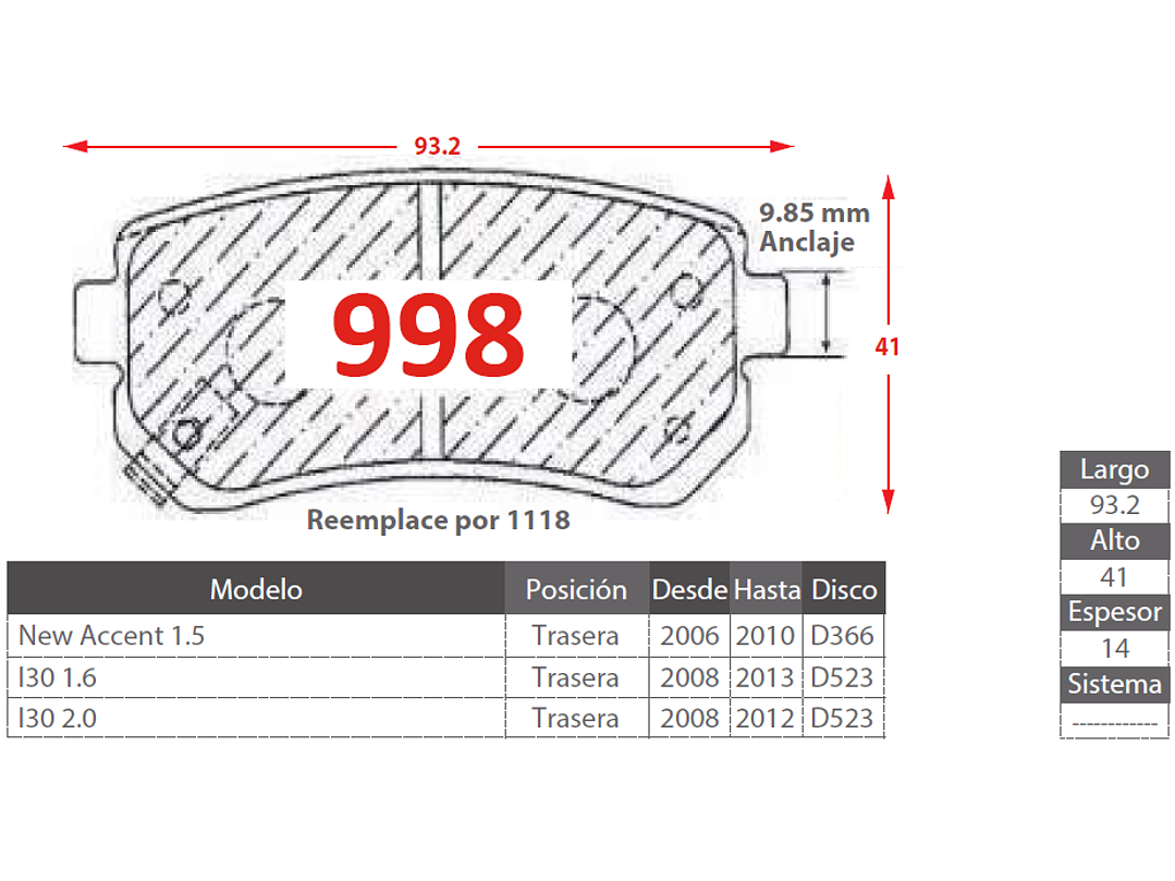 Pastillas de Freno Hyundai New Accent 1.5 2006-2010 Trasera 2