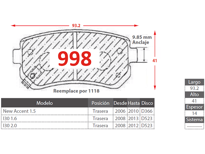 Pastillas de Freno Hyundai New Accent 1.5 2006-2010 Trasera 2