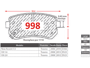 Pastillas de Freno Hyundai I30 2.0 2008-2012 Trasera