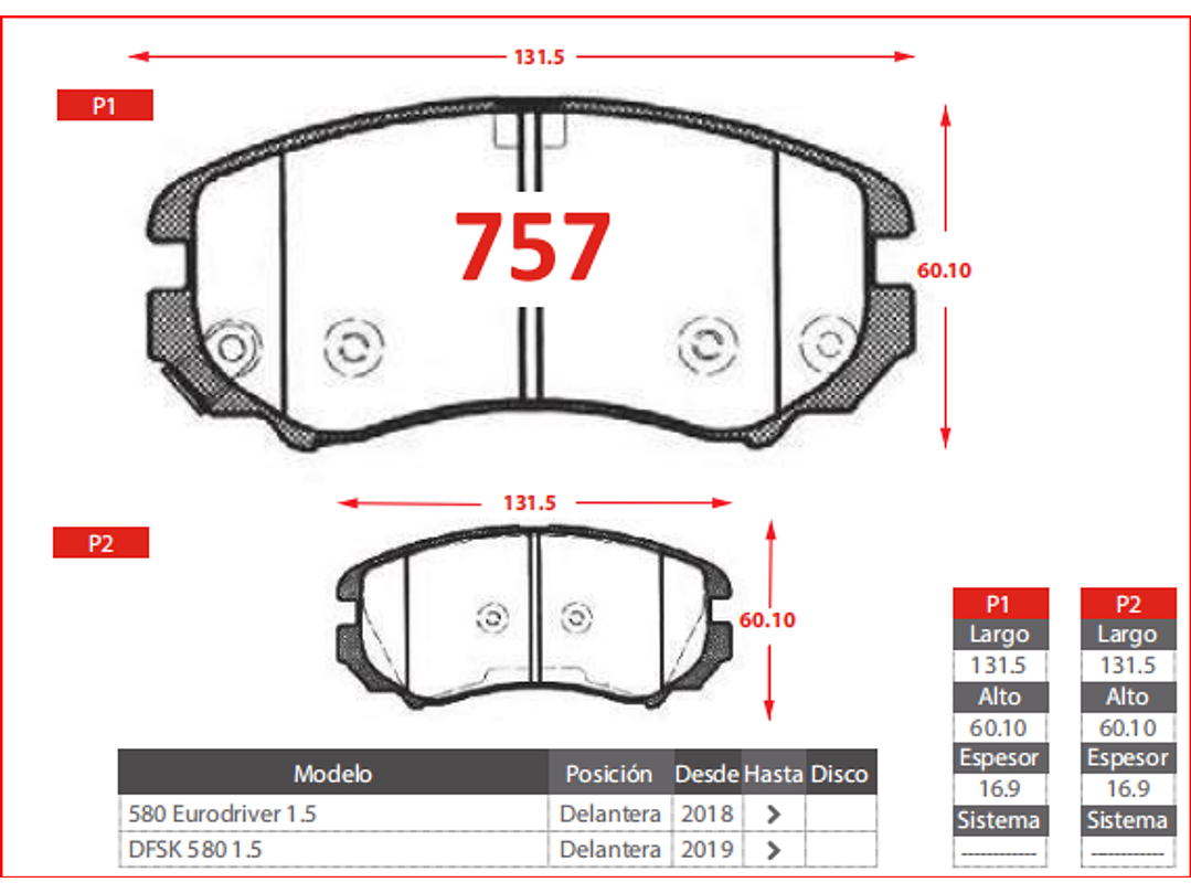 Pastillas Freno Delanteras DFM Dfsk 580 1.5 2019 > 2
